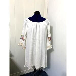 Anthropologie Entro Cream Mini Dress Small Peasant Embroidered 3/4 Sleeves